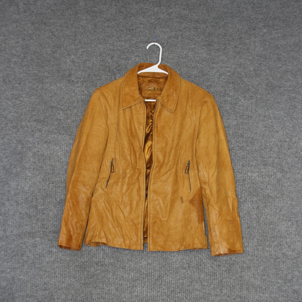 VTG Guess Jacket Womens M Brown Leather Zip Front Moto Style Biker Fall Fashion